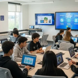 Class room full of students looking at computer screens.