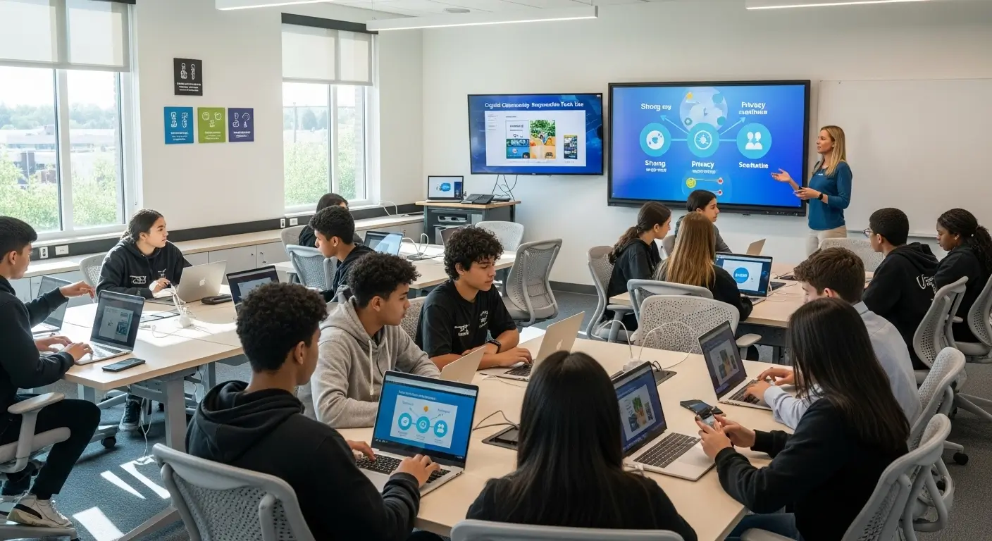Class room full of students looking at computer screens.