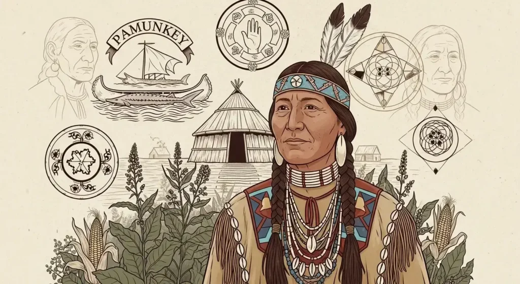 Sketched image of an indigenous Indian stares to the left of the camera. Background parchment paper with ancient symbols in the background