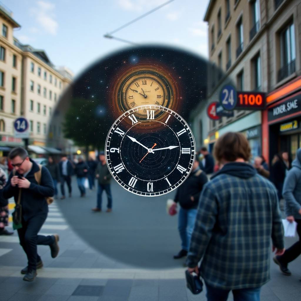 A-candid-street-photography-image-of-the-illusions-of-time-with-outer-space-sine-waves-stars-and-numbers-set-within-urban-scenes-capturing-spontaneous-candid-moments